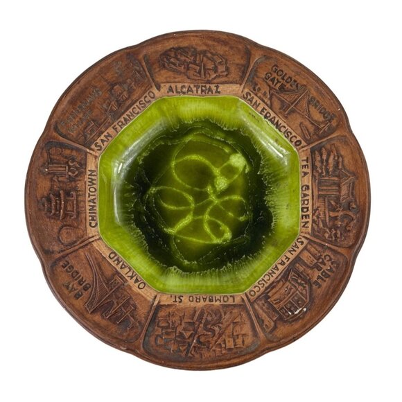 Vintage Treasure Craft Pottery Dish Bowl Ashtray Los Angeles CA Souvenir Green - Picture 1 of 11